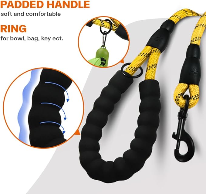 Taglory Rope Dog Leash 5 FT with Comfortable Padded Handle, Highly Reflective Threads Leash and Anti-Tangle Clip for Walking Small Dogs, 3/8 inch, Yellow