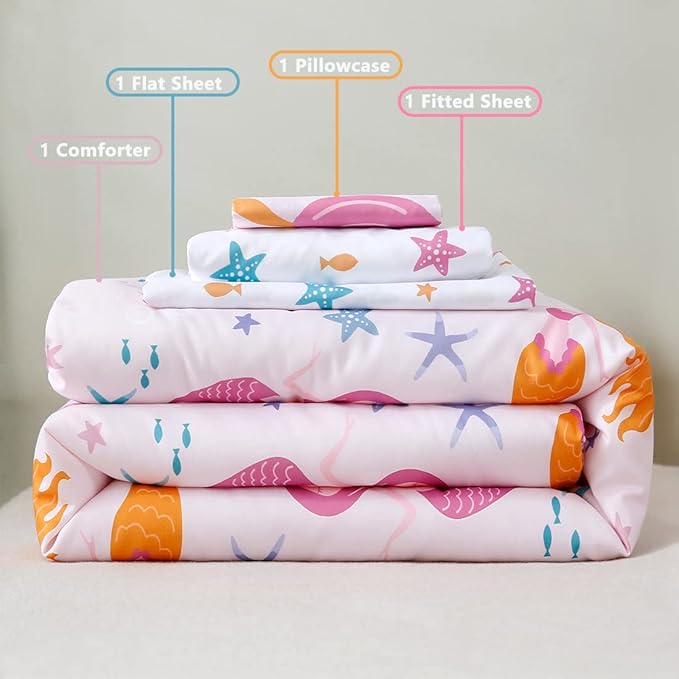 PERFEMET Toddler Bedding Sets Girls 4 Pieces Pink Mermaid Toddler Bed in A Bag Soft Reversible Blush Toddler Bed Set Include Comforter, Flat Sheet, Fitted Sheet, Pillowcase