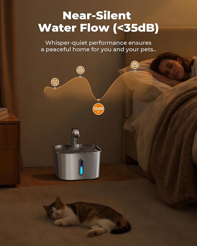 Cat Water Fountain Stainless Steel: 74oz/2.2L Cat Fountain for Drinking | Quiet Cats Water Bowl Dispenser | Pet Water Fountain for Cats Inside | Easy-to-Clean Kitty Drinking Fountains for Small Pets