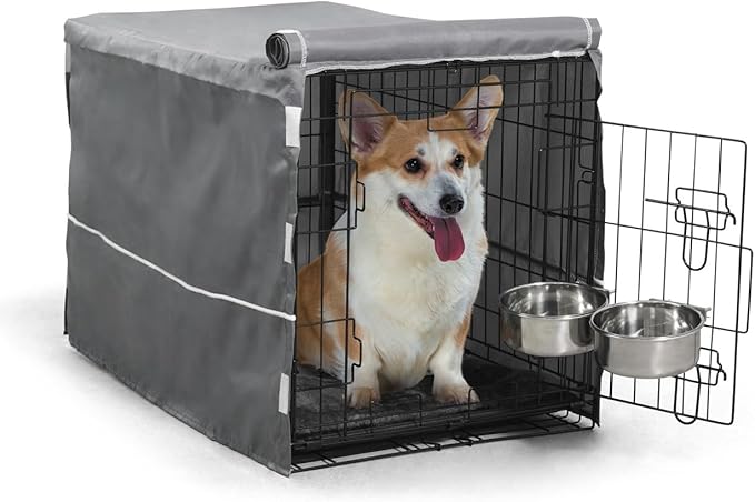 30-Inch Single Door Dog Crate Kit Includes Crate Cover, Dog Bed & 2 Bowls and Bowl Racks, Indoor Dog Cage Bundle Set, Foldable Wire Metal Dog Kennel w/Pan for Small, Medium Dog