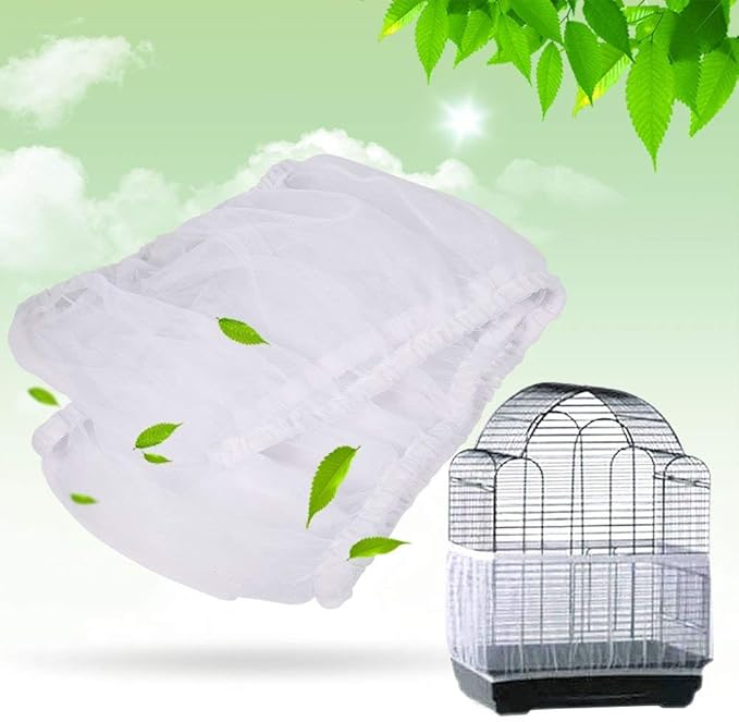 Universal Nylon Mesh Bird Cage Cover, Large White Seed Catcher for Parakeet Cockatiel Lovebird Finch Canary Cage