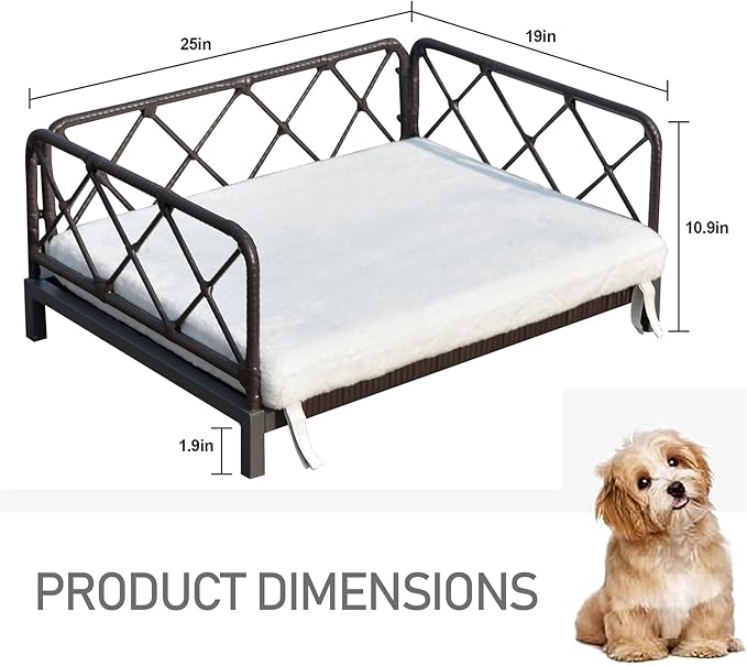 Boho Rattan Dog Bed, Pet Sofa Couch Bed with Removable Cushions - Indoor/Outdoor Durable Pet Furniture for Small/Medium Dogs (Black)