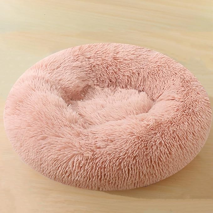 Calming Dog & Cat Bed, 24 Inch Anti-Anxiety Donut Cuddler Cat Bed with Anti-Slip Bottom, Washable Round Fluffy Pet Bed for Small Medium Dogs and Cats (Pink)