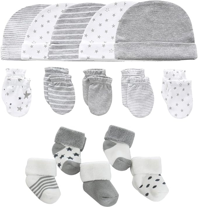 Newborn Baby Boy Girl Caps Mittens Socks Set Cotton Baby Essentials Accessories (Hats+Gloves+Socks)