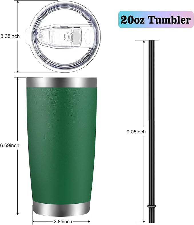 VEGOND 20oz Tumbler with Lid and Straw Stainless Steel Tumbler Cup Bulk Vacuum Insulated Double Wall Travel Coffee Mug Powder Coated Coffee Cup(Powder Green 12 Pack)