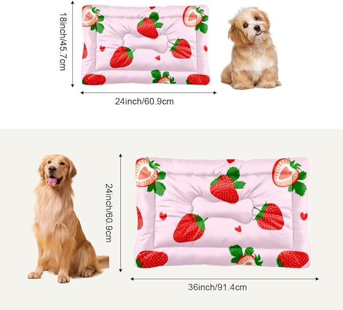 Cute Strawberry Fruit Pink Rectangle Dog Bed Dog Sleeping Mat Puppy Pad Bedding for Crate Washable Non-Slip Crate Bed Doggy Mat for Car Backseat Tapete para Perros Indoor Outdoor 24X18 Inch