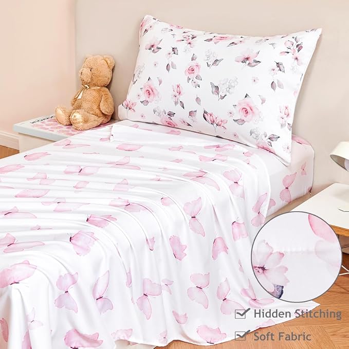 PERFEMET Floral Toddler Bedding 4-Piece Pink Flower Toddler Girls Comforter with Sheet Set Reversible Butterfly Crib Bed Sets-Comforter, Fitted Sheet,Flat Sheet,Pillowcase