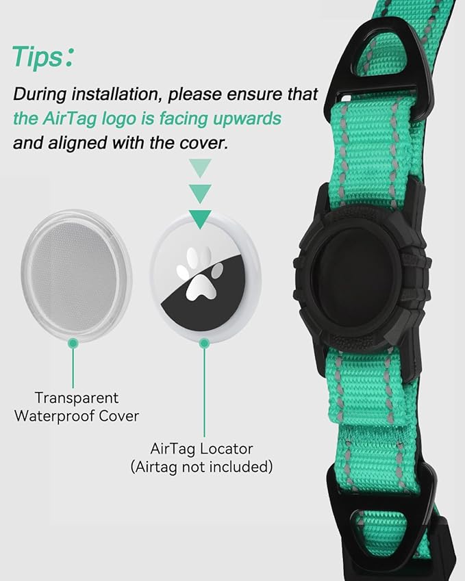Joytale Airtag Dog Collar, Reflective Pet Collar with Waterproof AirTag Holder, Dual D-Rings, Soft Padded Adjustable for Medium Dogs, Teal, M