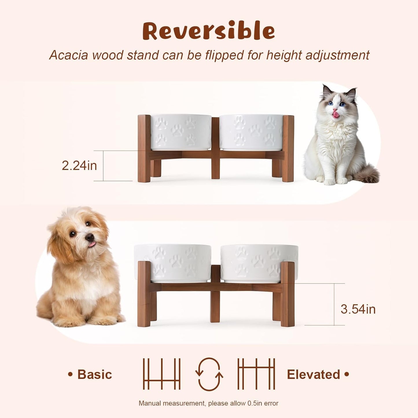 SPUNKYJUNKY Ceramic Elevated Dog Bowl Set with Acacia Wood Stand for Food and Water for Small Medium Sized Dogs (28.74 OZ, White, Dog Paw Pattern)