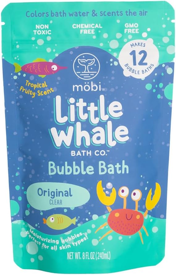 Mobi Little Whale Bubble Bath, Tropical Fruity Scent Kids Body Wash, Gentle Moisturizing Tub Foam for All Skin Type, GMO-Free, Stain-Free, Clear, 8 fl oz
