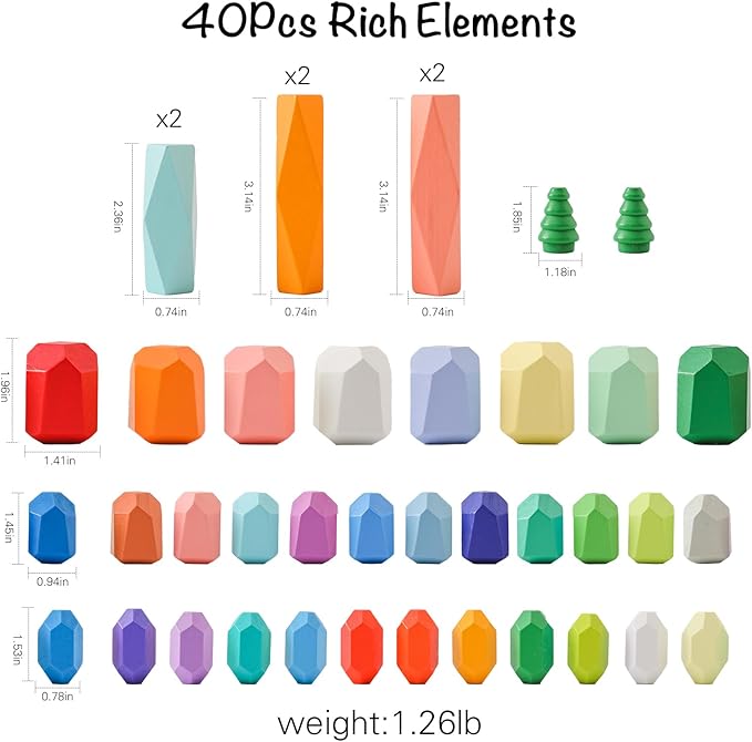 OESSUF Stacking Rocks 40Pcs Stacking Rocks Balancing Stacking Stones Wooden Stacking Toys Wooden Stone Stacking Game for Toddler Wood Sorting Montessori Stacking Rocks for Kids