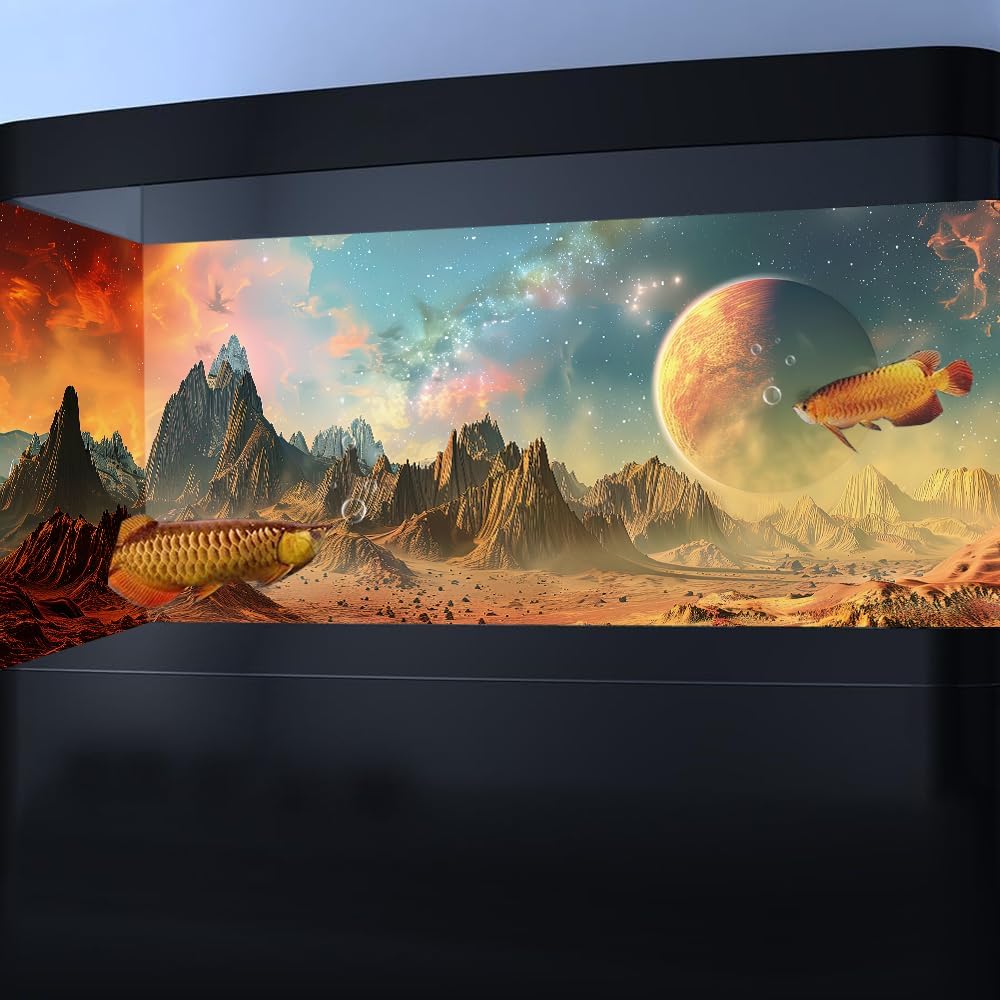 Cosmic Aquarium Background,Cool Galaxy Parallel Space Themed Fish Tank Background, Tropical Desert Terrarium Background 72X16IN with 8 EVA Double-Sided Tape