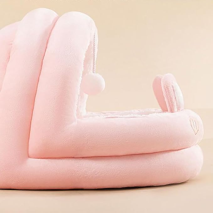 Cat Bed for Indoor Cats, Dog Bed with Anti-Slip Bottom, Rabbit-Shaped Cat/Small Dog Cave with Hanging Toy, Puppy Beds with Removable Cotton Pad, Super Soft Calming Pet Sofa Bed (Pink, Medium)