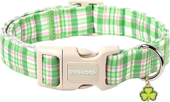 DOGWONG Pink Plaid Adjustable Pet Collar Comfortable Spring Summer Puppy Collar Cute Cotton Collars Durable Necklace Gift for Medium Large Dogs,L