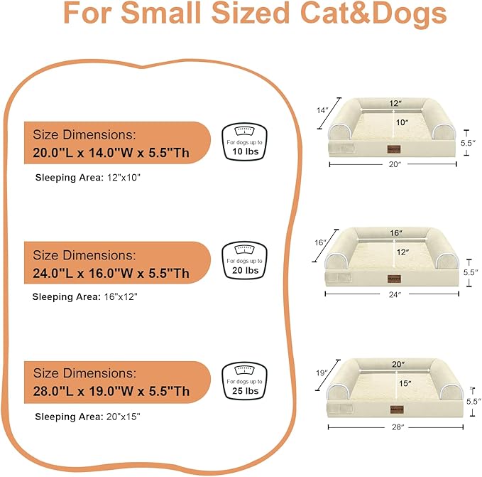 Small Dog Bed Orthopedic Washable: Beds Bolster Small Sized Dogs Bed Egg Crate Foam Couch Sofa Waterproof with Removable Cover - Beige