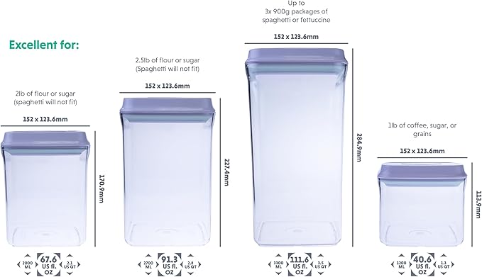 BopTop (4pc Set) Airtight Food Storage Container – Mechanical Silicone Seal Canister - BPA-Free Stackable - 1.3Qt/2.1Qt/2.8Qt/3.5Qt