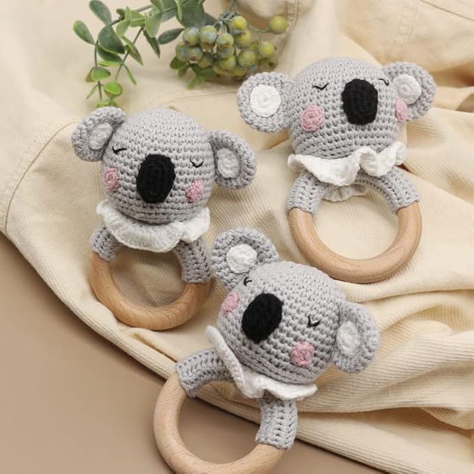 Wooden Baby Rattle for Newborn Toddler Soothing Handmade Crochet Ring Toys (Light Gray Koala)
