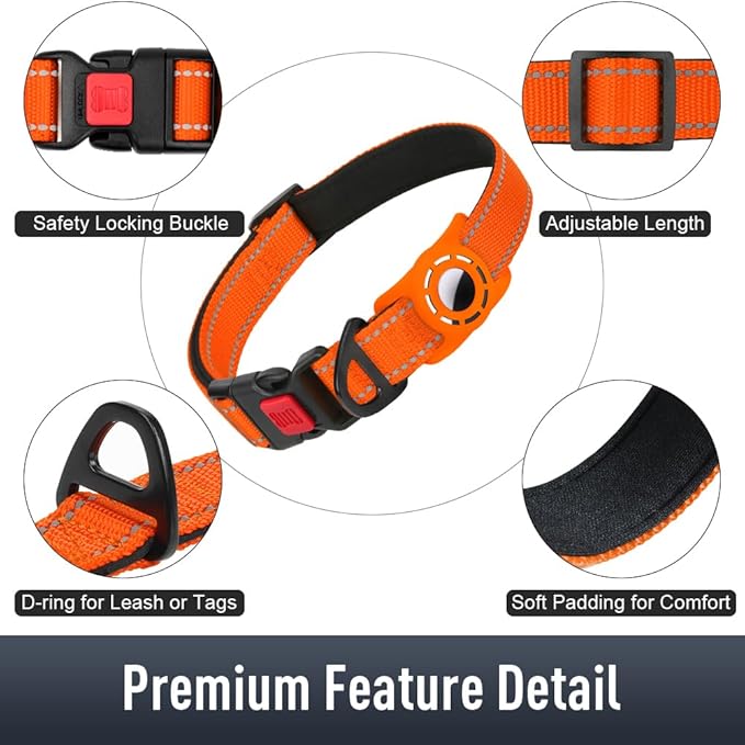 Airtag Dog Collar with AirTag Holder for Large Dogs, Reflective, Soft Padded & Safety Locking Buckle, Nylon Pet Collars Adjustable for All Breeds, Orange,XL