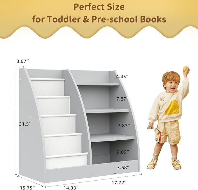 4 Tier Kids Bookshelf Set of 2,4 Layer Sling Kids Book Shelf for Kids Rooms,Wood Children Bookcase,Baby Storage Book Rack,Toddler Bookshelf, Book and Toy Organizer,Book Display Shelf for Nursery