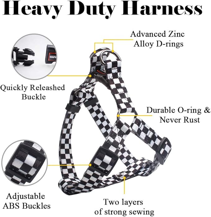 QQPETS Dog Harness Leash Set Adjustable Heavy Duty No Pull Halter Harnesses for Small Medium Large Breed Dogs Back Clip Anti-Twist Perfect for Walking (M(19"-26" Chest Girth), Black Plaid)