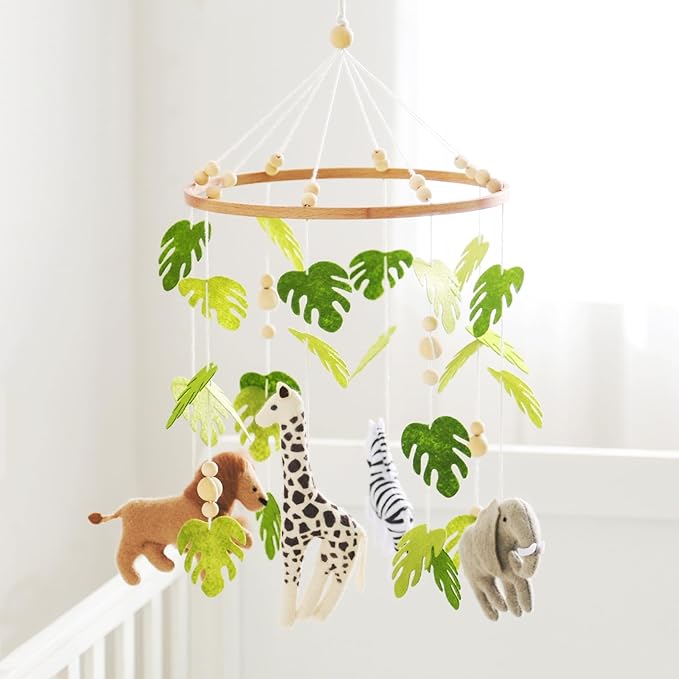 Baby Mobile for Crib Safari Nursery Mobile Handmade Jungle Baby Mobile Woodland Nursery Decor Forest Animals Crib Accessories with Lion Elephant Zebra Giraffe