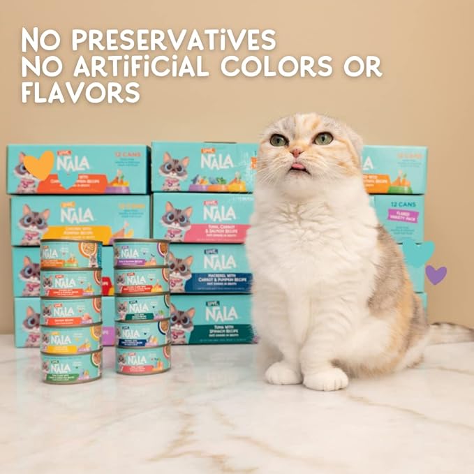 LOVE, NALA - Natural Adult Cat Wet Food - Pate Variety Pack - Tuna, Chicken, Mackerel - Grain Free, Non-GMO, Fiber Blend, Minerals, Vitamins - 12 Pack 2.1 lbs.