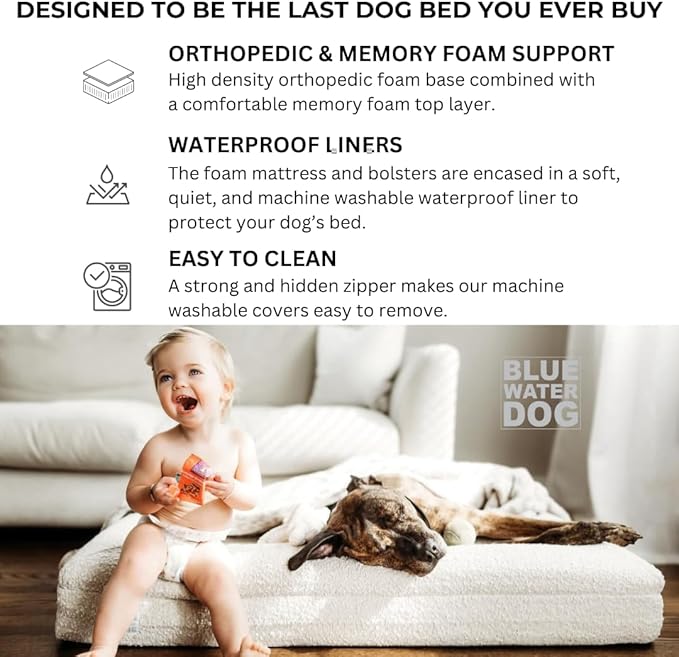 Luxury Boucle Orthopedic Memory Foam Dog Bed with Waterproof Liner and Machine Washable Cover with YKK Zippers (Medium 37" L x 30" W x 6" Th, Cloud)