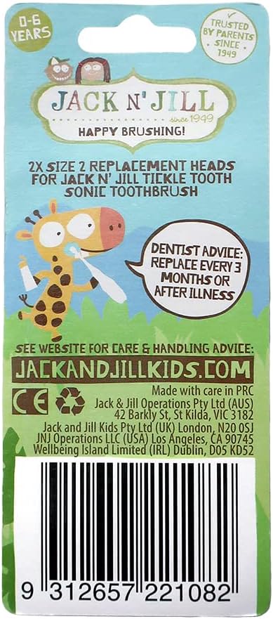 Jack N' Jill Tickle Tooth Sonic Electric Toothbrush Replacement Heads - Gentle Cleaning, Made for Tiny Teeth, LED Inspection Light, Extra Soft Bristles, for Babies & Kids - (1 Pack - Set of 2)