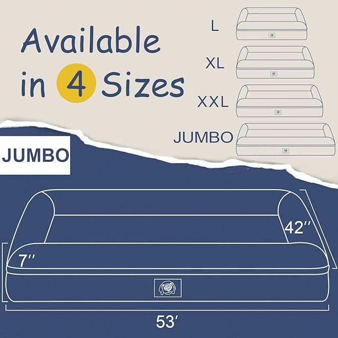 Orthopedic Washable Large Dog Bed, Jumbo Dog Bed Bolster Waterproof, XXXL Big Pet Beds for Extra Large Dogs with Removable Cover, Navy