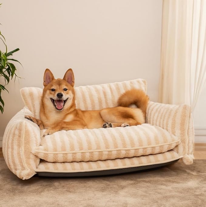 Lazy Holiday Plush Cozy Dog & Cat Sofa Bed, Teddy Velvet Dog Bed, Trendy Striped Faux Lambswool Double Layer Dog & Cat Sofa Bed Dogs Sleeping Mat for Medium Small Dogs & Cats (Pink,M)
