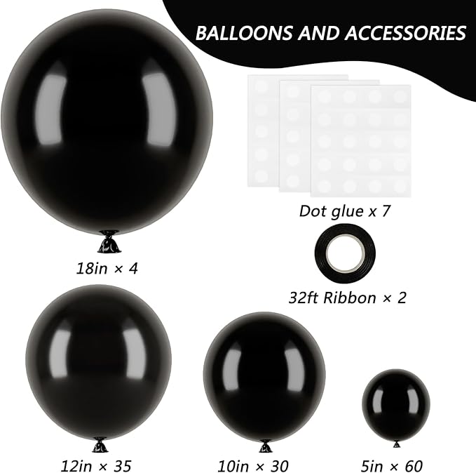 RUBFAC Black Balloons for Balloon Arch 129pcs Different Sizes Pack of 18 12 10 5 Inch Garland Kit, Latex Balloons for Halloween Party Decorations Birthday Wedding Decor