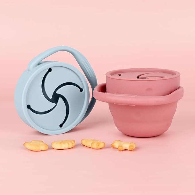 Silicone Snack Cups for Toddlers, Snack Containers with Lids, Foldable Baby Food Catcher with Holders and Dustproof Lid, 2 Pack (Color 3)