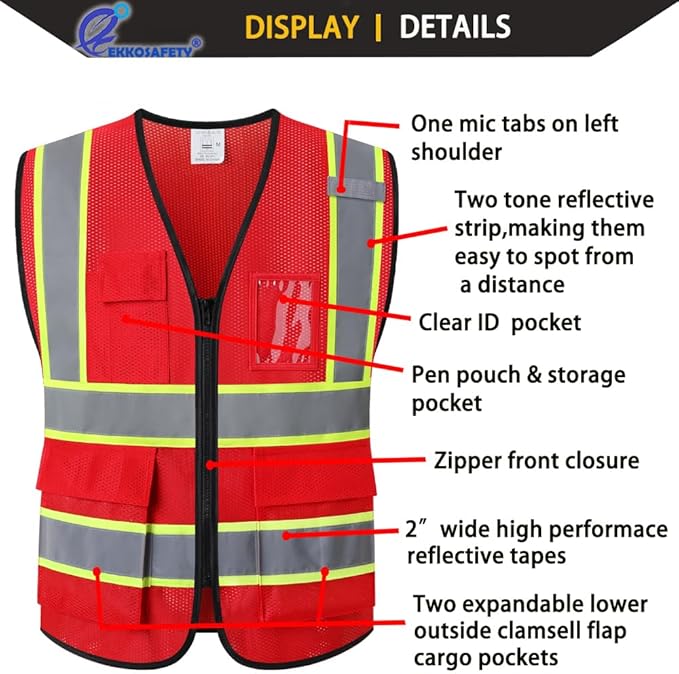 Reflective Mesh Safety Vest for Men Women with 5 Pockets and Zipper Front High Visibility Vest Hi Vis Construction Work Vest,Meets ANSI/ISEA Standards(EK175-Red-2XL)