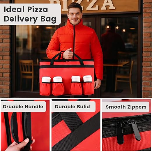 Insulated Food Delivery Bag with 4 Cup Holder and Bottom Support, XX-Large Insulated Grocery Bags Keep Food Hot/Cold, Cooler Bags with Drink Carrier, Food Carrier Catering Bag for Events, Red