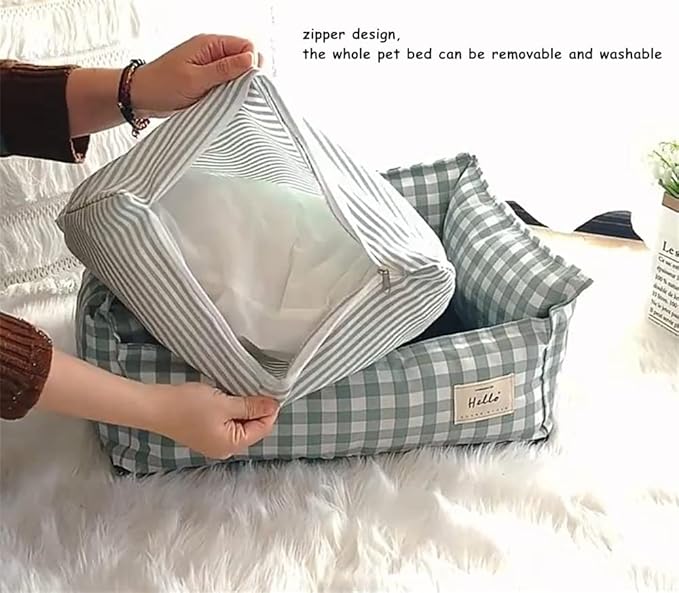 Original Rectangular Pet Bed Soft Cotton Dog Kennel with Non Slip Bottom, Removable Calming Sofa for Small Medium Dogs and Cats, Universal for All Seasons Green S