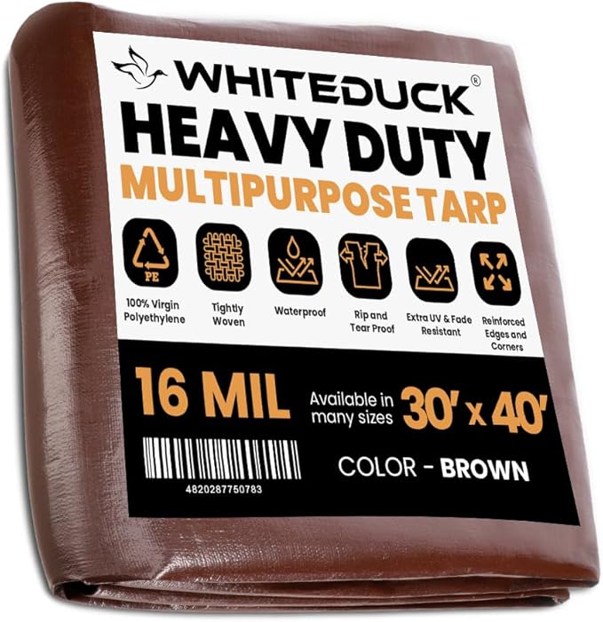 WHITEDUCK Super Heavy Duty Poly Tarp Cover 16 Mil & 10 Mil with Grommets and Reinforced Edges (Brown, White & Silver Black) (Brown- 16 Mil, 30' x 40')