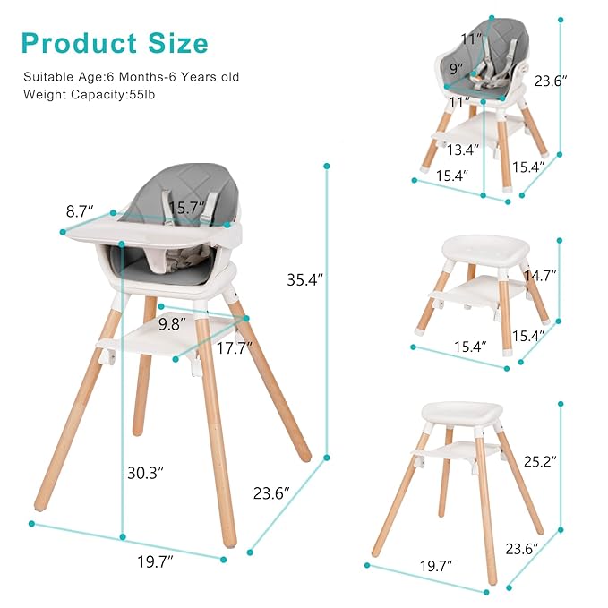Baby High Chair, 6 in 1 Wooden Convertible High Chairs for Babies and Toddlers, Booster Seat with Double Tray & Reversible Footrest Baby Highchair, 5-Point Harness Baby Feeding Chair, Grey