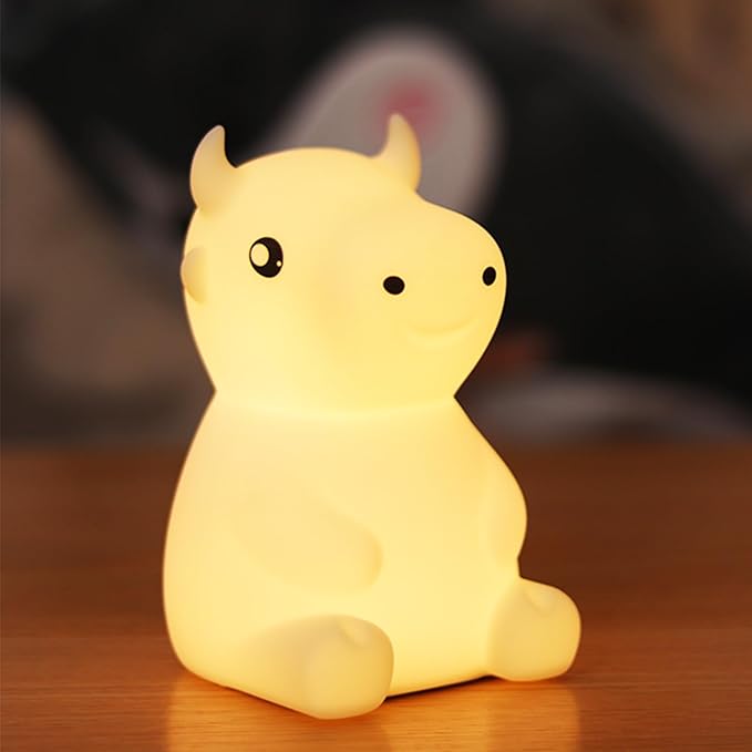 Night Light for Kids, Cute Night Lamp Bedroom Cow Nightlight for Baby Girl Boy Teem, Battery Powered Silicone Animal Night Lamp Christmas Birthday Gifts