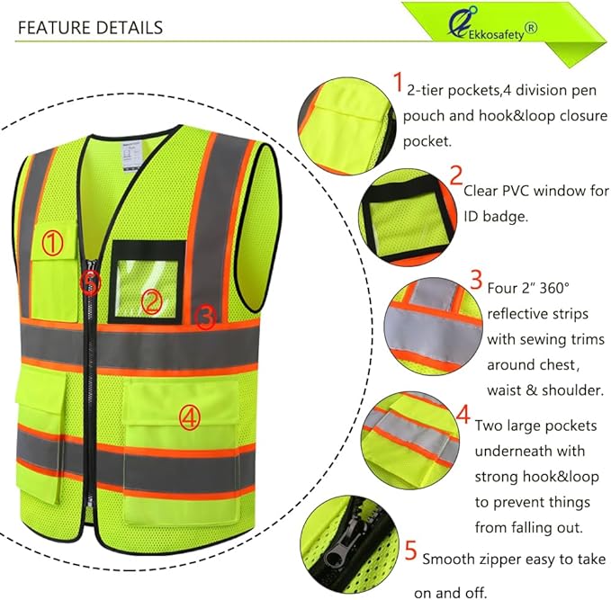 Reflective Mesh Safety Vest for Men Women with 8 Pockets and Zipper Front High Visibility Mesh Vest Hi Vis Construction Work Vest,Meets ANSI/ISEA Standards(EKH1-Yellow-3XL)