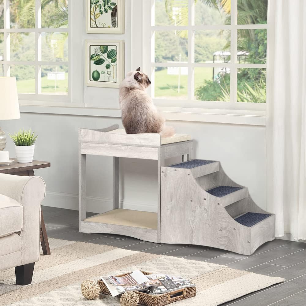 unipaws Pet Bunk Bed with Removable Step for Dogs and Cats, Multi-Level Bed Window Perch Seat Platform with Cushion and Cat Scratch Pad, Indoor Use