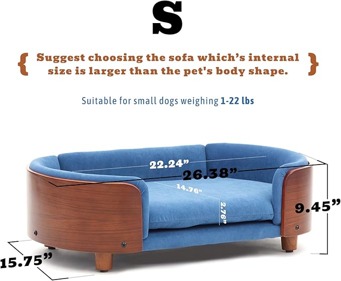 Modern Elevated Dog Sofa, Small Dog Couch with Removable Washable Cover Ultra-Soft Crystal Velvet Sofa Bed for Cute Cats and Small Dogs Suitable for Pets or Cats Under 22 lbs,Blue Boat Shape, S