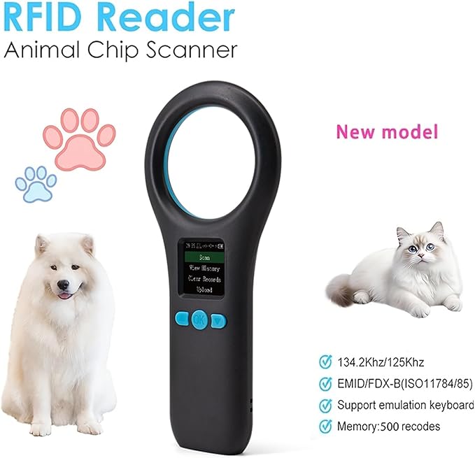 Pet Microchip Scanner, ISO11784/85/FDX-B/EMID Handheld Animal Micro Chip Reader 134.2KHz/125KHz Rechargeable Pet ID Scanner with 500 Data Storage for Dog/Cat/Pig/Animal (Black)