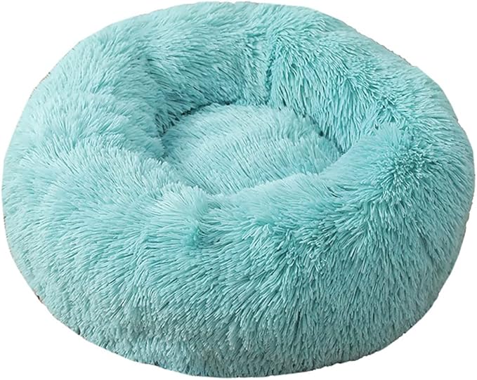 Calming Faux Fur Dog Beds Calming Donut Cuddler Dog Bed Washable Round Cat Bed Pillow Cuddler Fluffy Indoor Dog Calming Beds with Anti Slip Bottom Solid Color Lake Blue 27 Inch