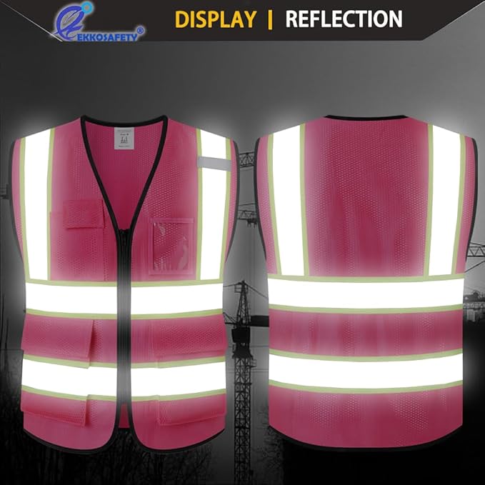 Safety Vest for Men Women,Mesh High Visibility Construction Work Vest with Reflective Strips,Meets ANSI/ISEA Standards(EK175-Mesh-Hot Pink-L)