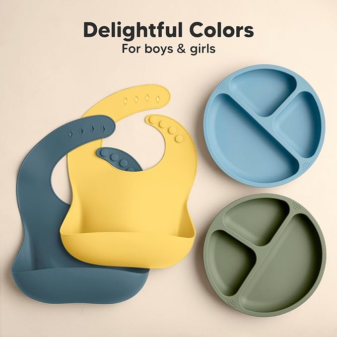 KeaBabies 2-Pack Silicone Baby Bibs for Eating - Sturdy Food-Grade Silicone Bibs for Babies Girl, Boy, Large Food Catcher, Clean & Put On Easily, Waterproof Toddler Feeding Essentials (Valiant)
