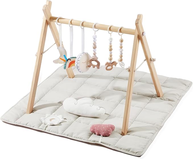Baby Gym with Mat, Wooden Play Gym with 9 Sensory Toys, Foldable Baby Play GymFrame Activity Center, Natural Pine Wood, Montessori Toys, Easy to Assemble & Clean, Natural Color
