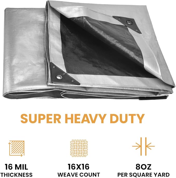WHITEDUCK Super Heavy Duty Poly Tarp Cover 16 Mil & 10 Mil with Grommets and Reinforced Edges (Brown, White & Silver Black) (Silver Black- 16 Mil, 12' x 20')