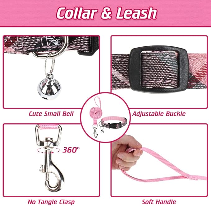 EXPAWLORER Classic Plaid Puppy Harness - Large Dog Collar and Leash - Soft Mesh Padded Adjustable Dog Vest Harness No Pull, Reflective Escape Proof for Outdoor Walking, Pink Large