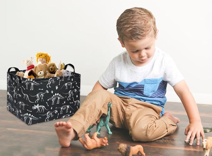 HIYAGON Rectangular Dinosaur Basket Empty Cute Storage Bin Organizer Box Dinosaur Room Decor for Books(Black Dinosaurs)