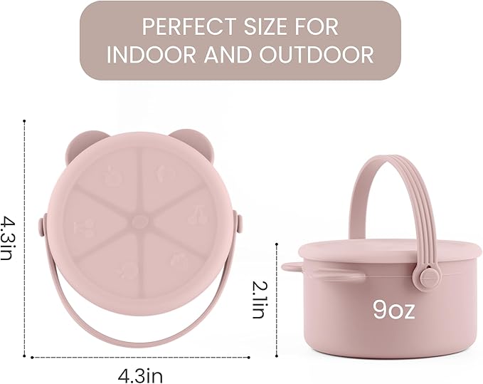 Silicone Snacks Containers for Toddlers, Baby Food Catcher Spill Proof, Kid Snacks Holder with DustProof Lid, 2 Pack Dishwasher Safe (Blush/Mauve)
